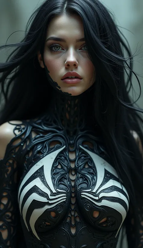 A beautiful black-haired woman is entangled in a thick ink venom symbiote that covers her up to her neck and creeps up her cheeks, trying to remove the black mucus. There is a venom logo visible on her chest. 