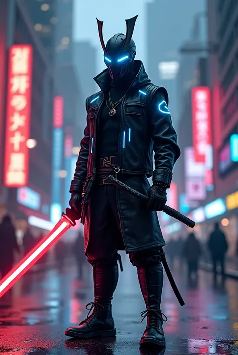 A modern samurai standing confidently in the middle of a bustling urban city. He wears a sleek black leather jacket with glowing blue accents, blending traditional samurai aesthetics with a futuristic vibe. His face is partially obscured by a sharp, angula...