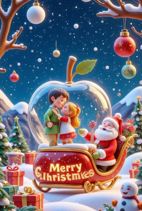 There is a huge apple-shaped crystal ball in the snow. Inside the crystal ball is a boy and a  kissing. The English letter "Merry Christmas" is written on the crystal ball. Outside the apple crystal ball,Santa Claus looks at the crystal ball happily. In th...