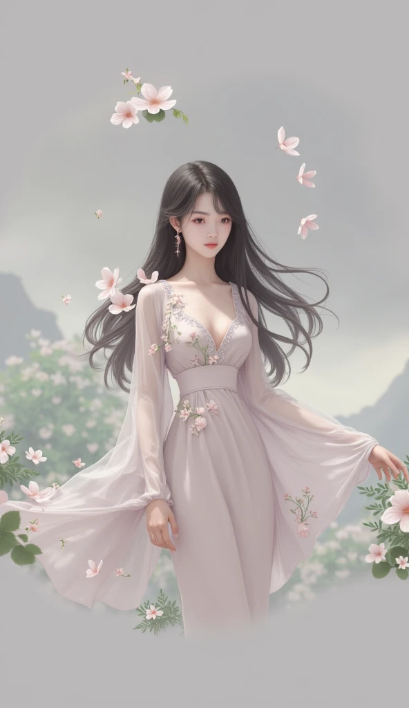 In a lush indoor garden、A Japanese woman is wearing a floral sheer top、 with breasts and soft flowers in the background in lush green mountains、 creates harmony between nature and beauty。