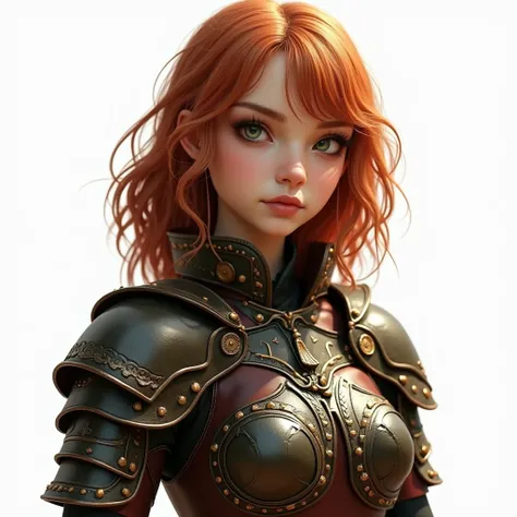 realistic, fantasy, in focus, beautiful and sexy midget girl in leather armour, shoulder length ginger hair, beautiful green eyes, white background