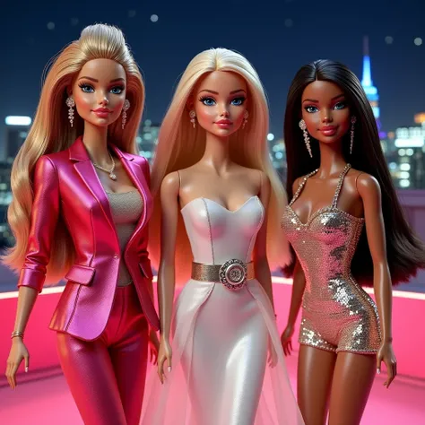 Three elegant Barbies on a medium plane, each dressed in different haute couture outfits .  One wears a modern trouser suit in bright colors ,  another an elegant flowing white dress and the third a mini dress with vibrant sequins.  The background shows an...