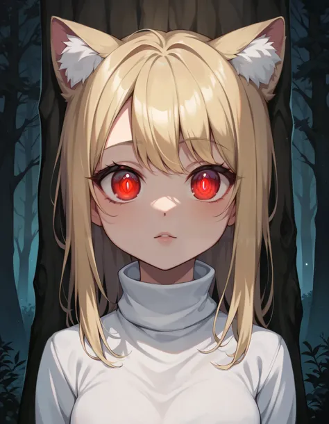 score_9, score_8_up, score_7_up, solo, peeking out, upper body, hiding behind tree, night, horror (theme), forest, necoarc, glowing eyes, cat ears, blonde hair, red eyes, chibi, :3, white shirt, turtleneck, looking at viewer