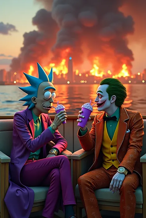  Do Rick Sanchez and the Joker sitting on the seats of a boat near the beach looking at a city on fire, Joker and Rick are wearing very rich trap clothes while drinking a purple milkshake .