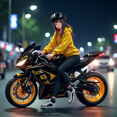  A young woman sits relaxed on a sport bike with interesting modifications ,  including shiny gold alloy wheels and an anime-illustrated motorcycle body . She is wearing a yellow hoodie , black pants, Sporty shoes , and black helmet,  with a city night atm...