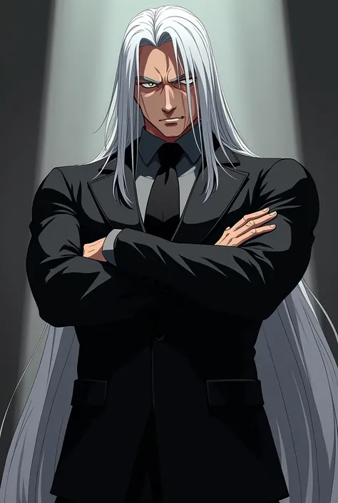 It is a man ,Strong body,Big Breasts, wearing a suit of alternating black and gray colors.,Stand with arms crossed, is a man with a sharp handsome appearance , with long white hair reaching to the shoulders , is doing an angry pose but looks cute , view fr...