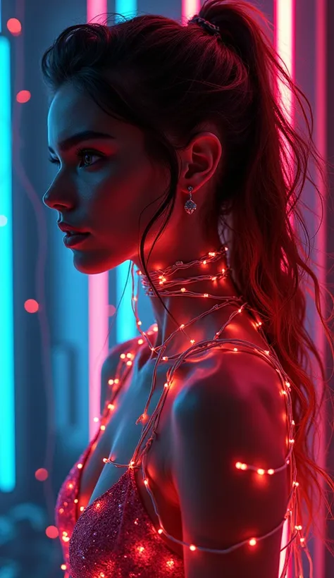 Cyber woman with stylistic elements inspired by Gaston Bussière, entangled in a network of glowing neon wires against a dark backdrop, elements of Art Nouveau, neon contrasts, high-tech ambiance, digital painting, ultra clear, 8k, volumetric lighting.