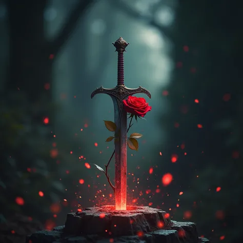  close-up of a rose with a sword in the center , sword stuck in stone , red magic light at the junction of stone and sword , beautiful sword , 🌺 CGSociety,  the rose stem wraps around the swords blade, the bud near ephesus ,  red magic lights , Lots of lig...