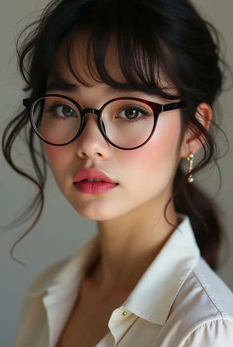 Cute women with wolfcut hair, use a glasses,have a chocolate eyes,pink lips,have a long eyelashes,