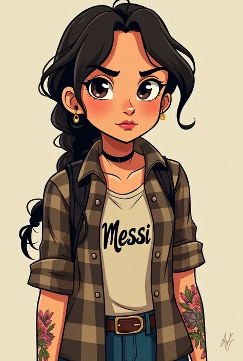  Disney cartoon of serious brunette girl, without makeup , barbera, Braided hair,  tattoos on arms and neck, flannel with the name Messi 