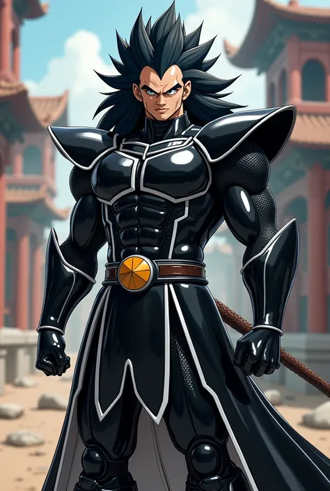 Create an image of Raditz from Dragonball Z in Live Action Fassa ele com armadura  sayajin preta e Maron com bordas brancas,Dragonball Z traditional, AKIRA ,  full body photo 