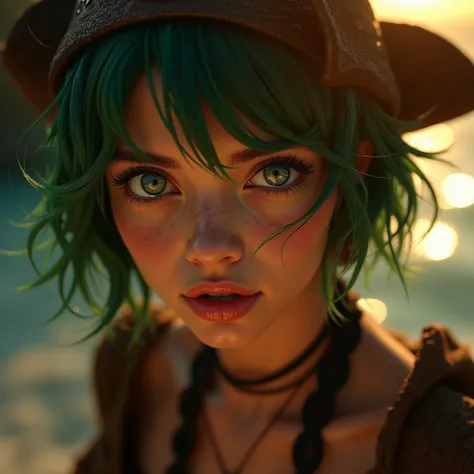  one sexy girl ,  very detailed full body  ,  beautiful detailed eyes,  beautiful detailed lips that boldly lie down,  Styled by 。 Extremely Elaborate Eyes and Face ,  has long eyelashes, Pirate costume, Treasure Island, Golden sunlight,  dramatic lighting...