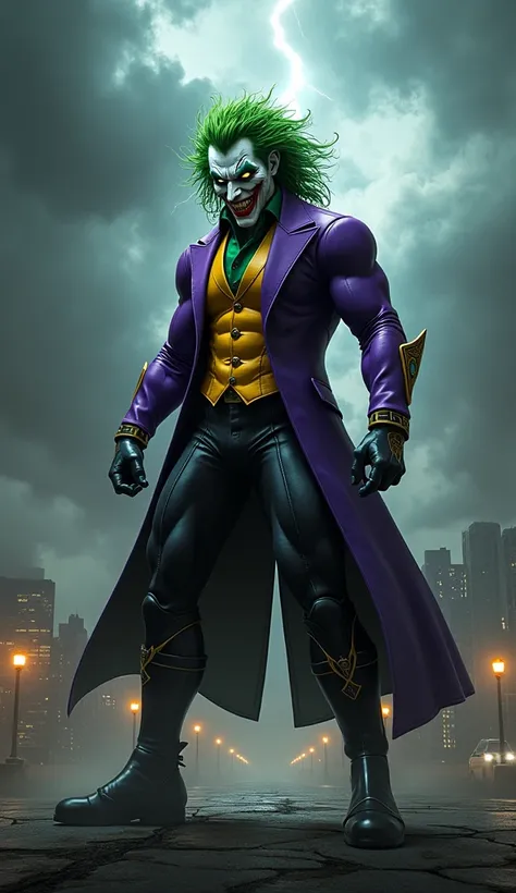 "A fierce and dramatic hybrid character blending the chaotic energy of Joker and the powerful, imposing presence of Black Adam. The character has Joker’s menacing grin and pale skin, with wild, green hair that falls in untamed locks around a muscular, Blac...