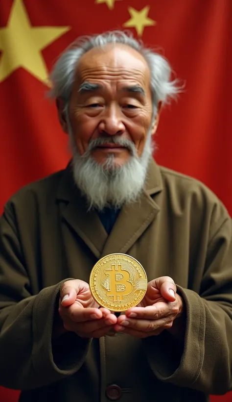 old man chinese in hand bitcoin, background china flag