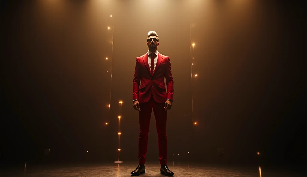  A tall and slender man ,  of black hair with white tufts , He stands in the center of a stage under a warm spotlight. He wears a smart red suit, made with modern and sophisticated details that reflect a soft glow. His posture is confident and proud, with ...