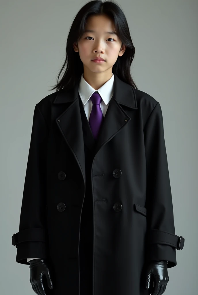 Live Action pre teen Asian boy with Long black Back-Length Hair, Wearing a LONG Sleeved, Baggy Black Double Breasted Trench coat Suit over a Baggy White Dress shirt Properly Tucked in With The Sleeves Covering the Palms and Purple tie tied Tightly around h...