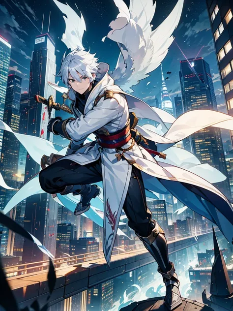 You can see the cityscape 、 flying in the sky、 dynamic pose、High-Speed Battles、night、 I can see the cityscape below、On a winter day 、( detailed background) ,arms(With a long sword),kishi-v1、Wore a white robe、Short Hair、Silvery white hair, dark eyes, A Youn...