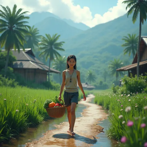 Front view of a 17-year-old Thai girl in shorts carrying a single wooden basket of fresh vegetables walking on a dirt road with running water, with grass and flowers on both sides, in the pouring rain. In the background are mountains, coconut trees and far...