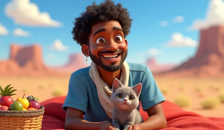 Animated style, render, Pixar style, An African American , light brown skined, dark curly hairs, wearing blue shirt and white necker, smiling, with his small grey furry cat, sitting on red blanket, fruits in his front in basket, desert background , few clo...