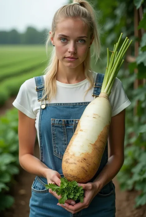 Screen right: A highly detailed and realistic photo of a vegetable root, It resembles the shape of a woman. The radish is split in two. The radish is white, It has a smooth and shiny texture. The radish tapers from top to bottom. The leg is split in two. T...