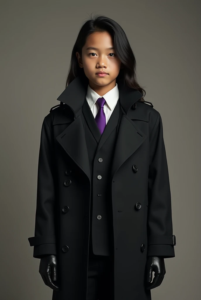 Live Action pre teen Asian boy with Long black Back-Length Hair, Wearing a LONG Sleeved, Baggy Black Double Breasted Trench coat Suit over a Baggy White Dress shirt Properly Tucked in With The Sleeves Covering the Palms and Purple tie tied Tightly around h...