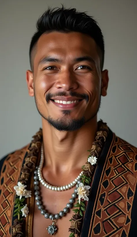 A handsome young Maori men in wedding dress