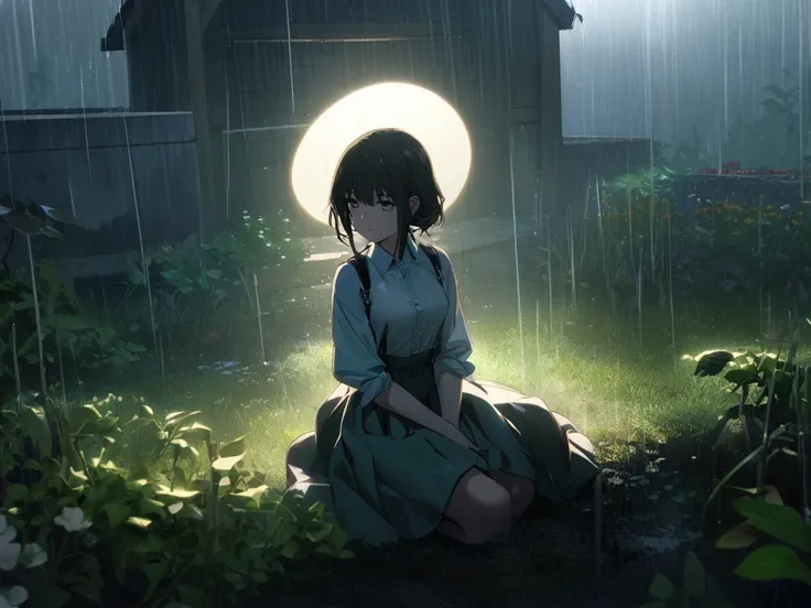 (Extremely detailed CG unity 8k wallpaper), Outdoor Garden，Beautiful young woman in the rain, skirt, sit, full_Body, dramatic, Backlight, Light, Volumetric Lighting, Delicate face, Simple background