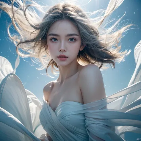 A radiant and awe-inspiring wind goddess, her sharp, angular features framed by silver hair that flows wildly in the bright, stormy winds. Her piercing, glowing silver eyes radiate the unstoppable force of a tempest, and delicate, swirling wind patterns ar...