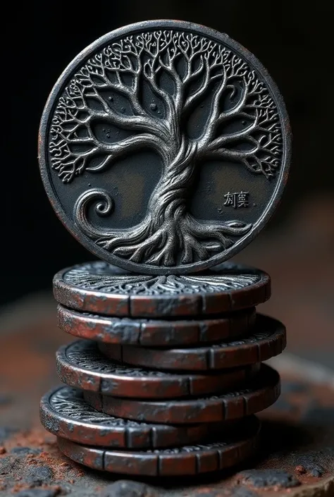 coin design  ,  depicting an old banyan tree on the coin, berwarna black gelap,  ancient coins relics of the umbra tribe  ,  stack of coins , dark background, black, red