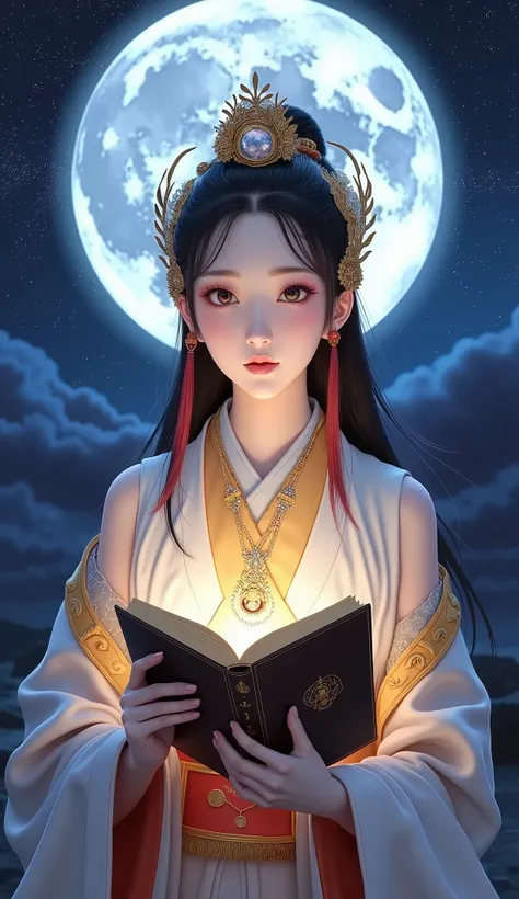 intricate detailed portrait of Tsukuyomi no Mikoto Reading the moon , ancient japanese deity, fantasy, anime style, hyper realistic, digital painting, cinematic lighting, dramatic shadows, ornate jewelry, intricate headpiece, piercing gaze, porcelain skin,...