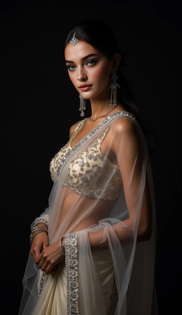 A captivating waist-up shot of a modern Indian bride, her gaze intense and confident. She wears a daring, sheer sari with delicate silver embellishments, paired with a sleek, high-neck blouse. The background is a deep, velvety black, highlighting the edgy ...