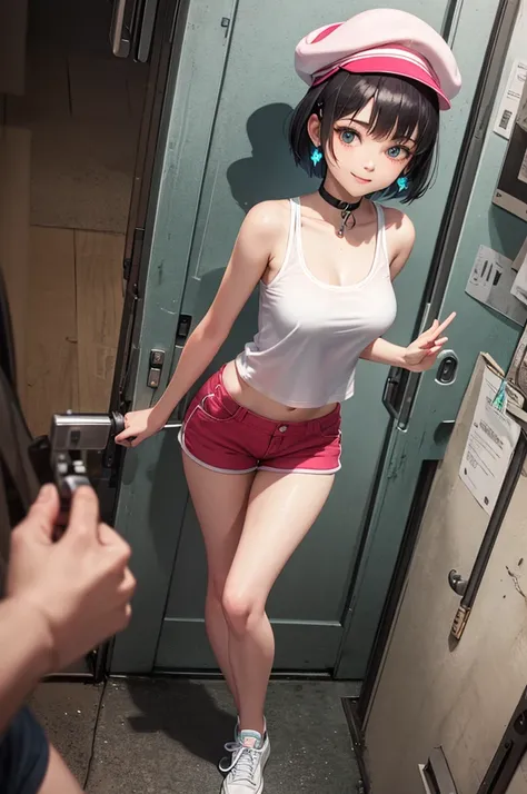 A beautiful girl standing on her hip in an abandoned factory at night, anime girl, sexy girl, white tank top, big rounds breasts, pink shorts, white sneakers, shapely thighs, beautiful legs, slim waist, hairclip, heart choker, blue cap, glowing eyes, pupil...