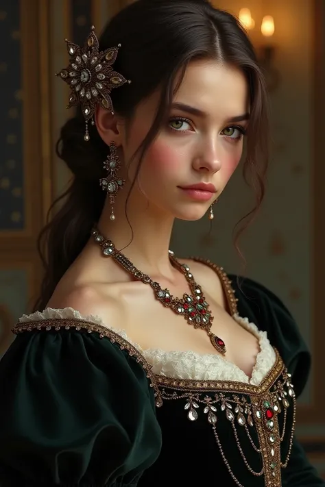  A 24-year-old girl , brown hair, dark eyes,  penetrating look .  She has precious jewels adorning her hair, a large dress from the middle ages ,  in a dark color with precious gems 