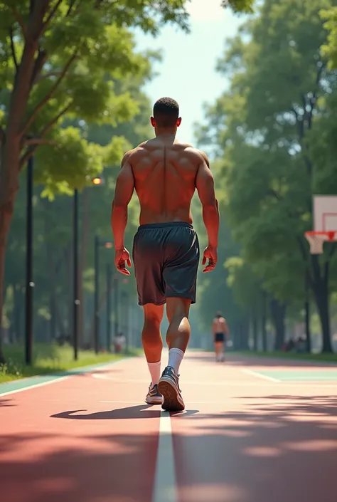 A man is walking towards the basketball court