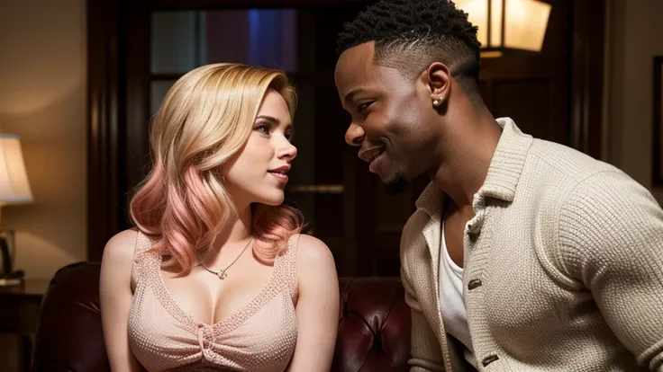 Scarlett Johansson as Barbara Sugarman in the 2013 film "Don Jon" and African American actor Sean Patrick Thomas pose together for a photo. Both are smiling. Both look happy and in love with each other. The male is dressed casually but attractively for a d...