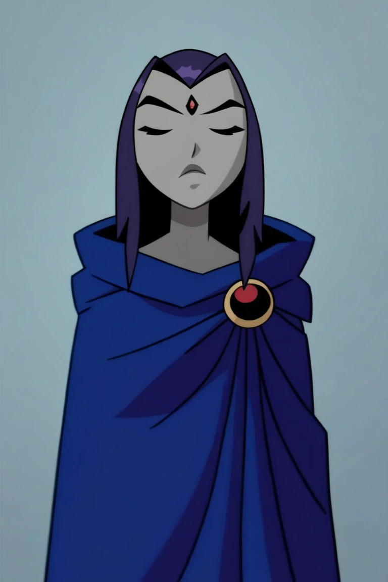 1girl, solo, raven (dc), eyes closed,  purple hair, grey skin, forehead jewel, blue cape covering whole body, long blue cape, hood covered head, spinning, Looking at viewer, High Resolution, Best Quality, Masterpiece, 