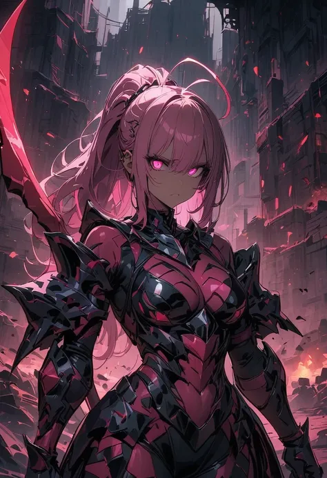 (((masterpiece, best quality, high detailed, 8k))) Design a layout showcase Gaming character, (1girl) Slender girl character with a stylish pink hair and piercing eyes, ponytail. She wears a demonic armor in pink and purple, black, and white.  wields a lar...