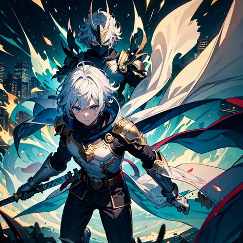 You can see the cityscape 、 flying in the sky、 dynamic pose、High-Speed Battles、night、 above the skyscrapers、On a winter day 、( detailed background) ,arms(With a long sword),kishi-v1、 wearing a white robe、Short Hair、Silvery white hair, dark eyes, A Young Ma...