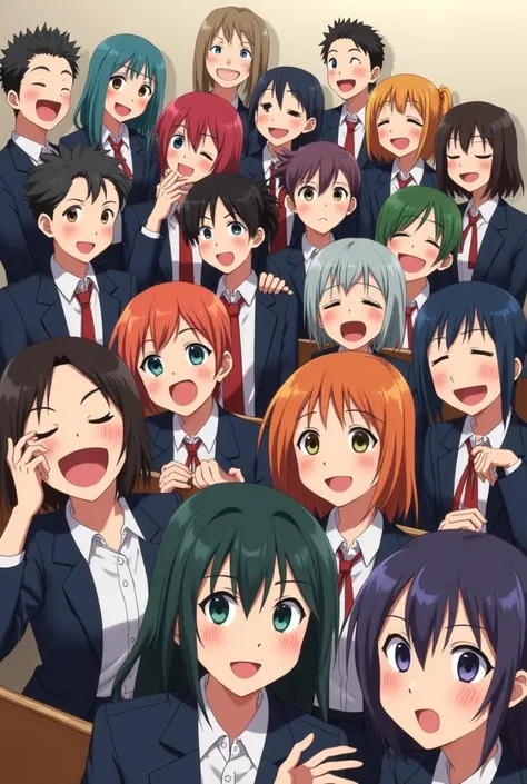 highschool teens, fun, joy, smile, 20 students, both male and female, anime, bonding, class picture formal