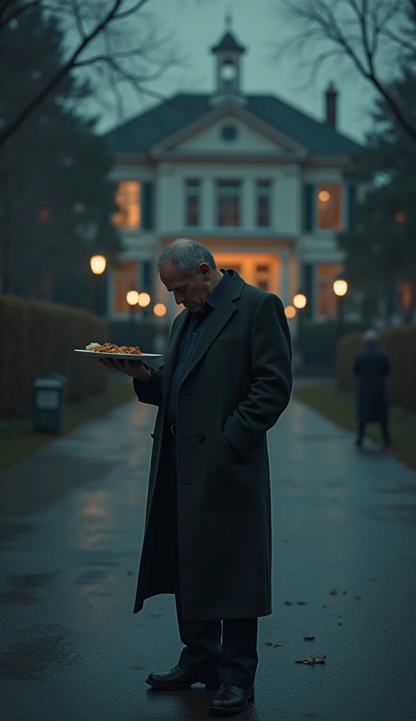 (Islamic) The wealthy man, now standing alone in the street, lowers his head in sorrow, holding the untouched plate of food. His expression reflects deep regret. The background shows the faint glow of his grand home in the distance.
