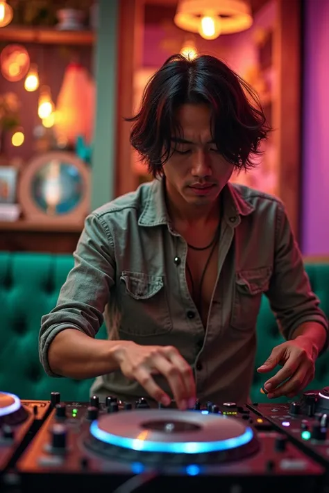 A photo of  asian dj playing his session on the bar that decorate in hippie style, the furniture overall is green, purple, blue, and brown. He is handsome old man (around 40 years old) the angle of pictures is somehow hard to see his face. A photo for Inst...