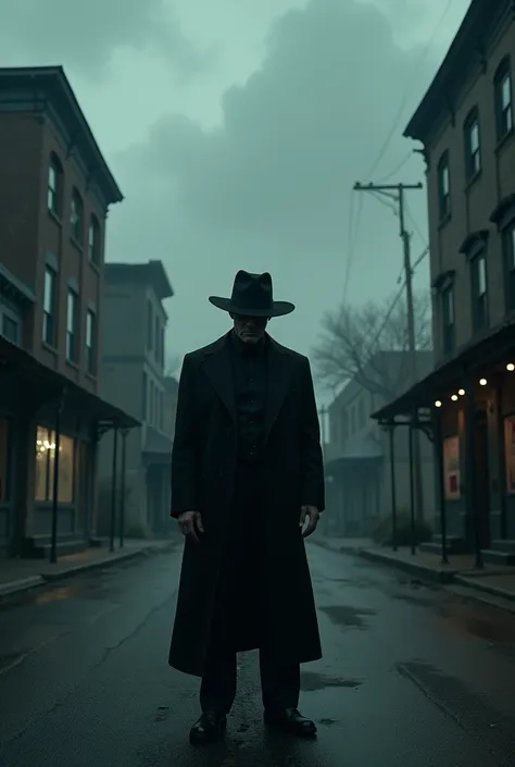 Create a super realistic image of a man in the black hat in the middle of a street in a dark town with an atmosphere of terror 