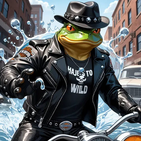 Closeup, comic style, an extremely badass anthropomorphic light blue and white bullfrog wearing an insanely cool black leather Harley Davidson biker jacket open, black fedora, black shirt, black leather biker gloves, black leather pants, majestic, water, s...