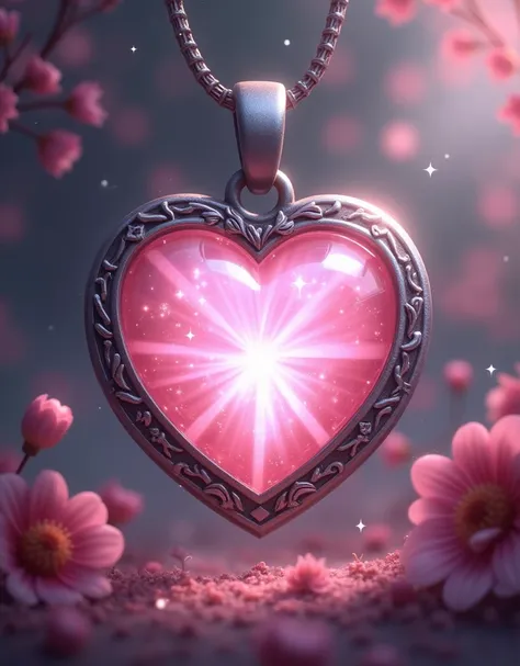 An anime Medallion with a pink magic stone has a delicate, transparent pink hue, creating romantic glare when illuminated. The shape of the stone resembles a heart, symbolizing love and tenderness, and the edges are skillfully cut, reflecting light like st...