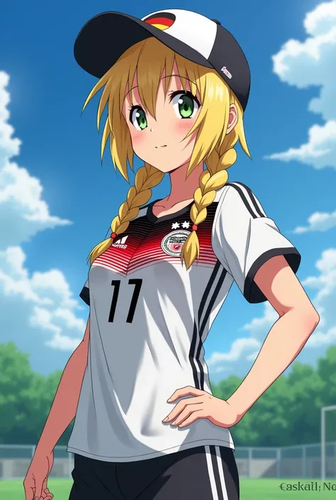 German girl,  blonde with green eyes,  type with his hair in two braids and a cap ,  wearing the womens soccer uniform of the German national soccer team, version anime (Captain Tsubasa  )