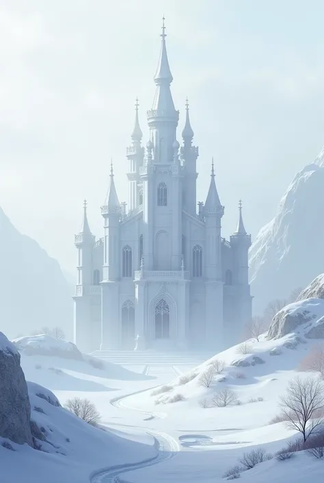 A thinly fogged snow area with a magnificent white palace covered in a thin mist