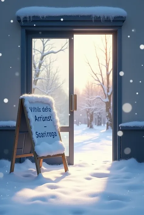 Picture the school sliding door with light in and draw a sign with snow piled up on the door