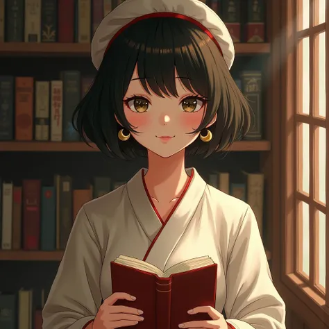  Eye craving for knowledge，oriental women，The smell of books，Gentle light ， 1 girl,  high resolution, Chest, Smile,  high resolution,  Textured Skin , short hair, tea hair, Crescent moon earrings,  German tilt lens , beret, Ray tracing,  Contemporary Art ,...