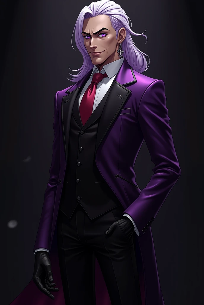 A guy with a purple and black tuxedo his sleeves are purple and his vest is black he has a red tie he has long white and purple hair he has a serious face he also has black gloves on and has a silver cross earring he has purple eyes he is in a black room a...