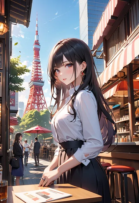 (masterpiece:1.2,best quality:1.2,ultra detailed:1.2,high resolution:1.2),16k, beautiful,   1 girl,  black long hair by lla,Business shirts、 earrings for a woman alone, Outdoor、Married Woman,sunlight、Clear skies、Cafes in Tokyo、Skyscrapers in the background...